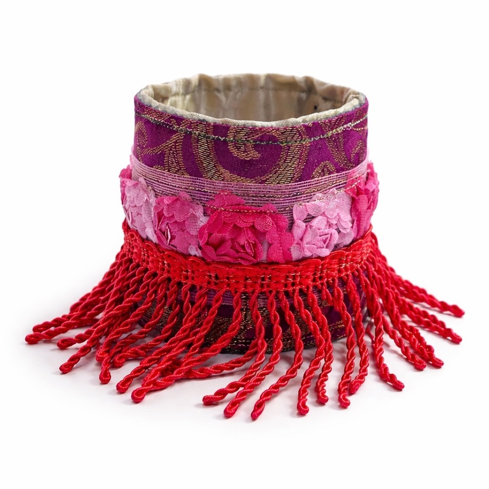 Artisan Red Fringe Boho Textile Cuff Bracelet – Handmade USA Pink Rosettes  7’